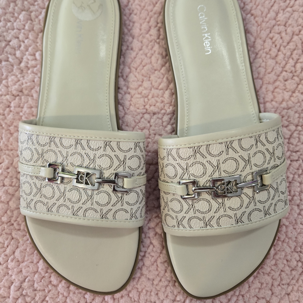 Calvin Klein Cream Monogram Chain Slide Sandals
